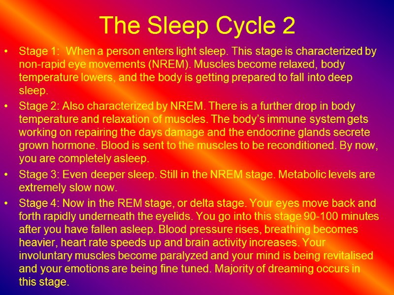 The Sleep Cycle 2 Stage 1:  When a person enters light sleep. This